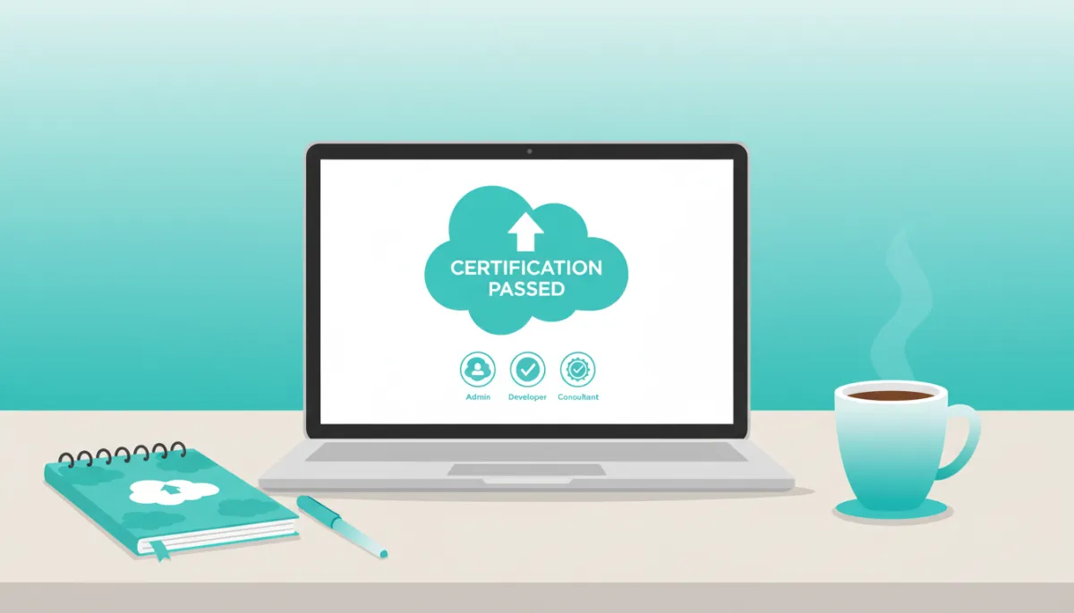 Modern clean illustration of a Salesforce BA celebrating certification success