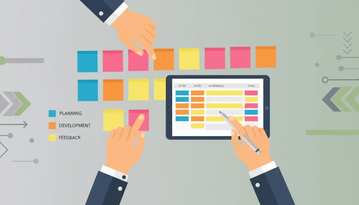 Consultant organizing tasks on a digital board and sticky notes for efficient workflow