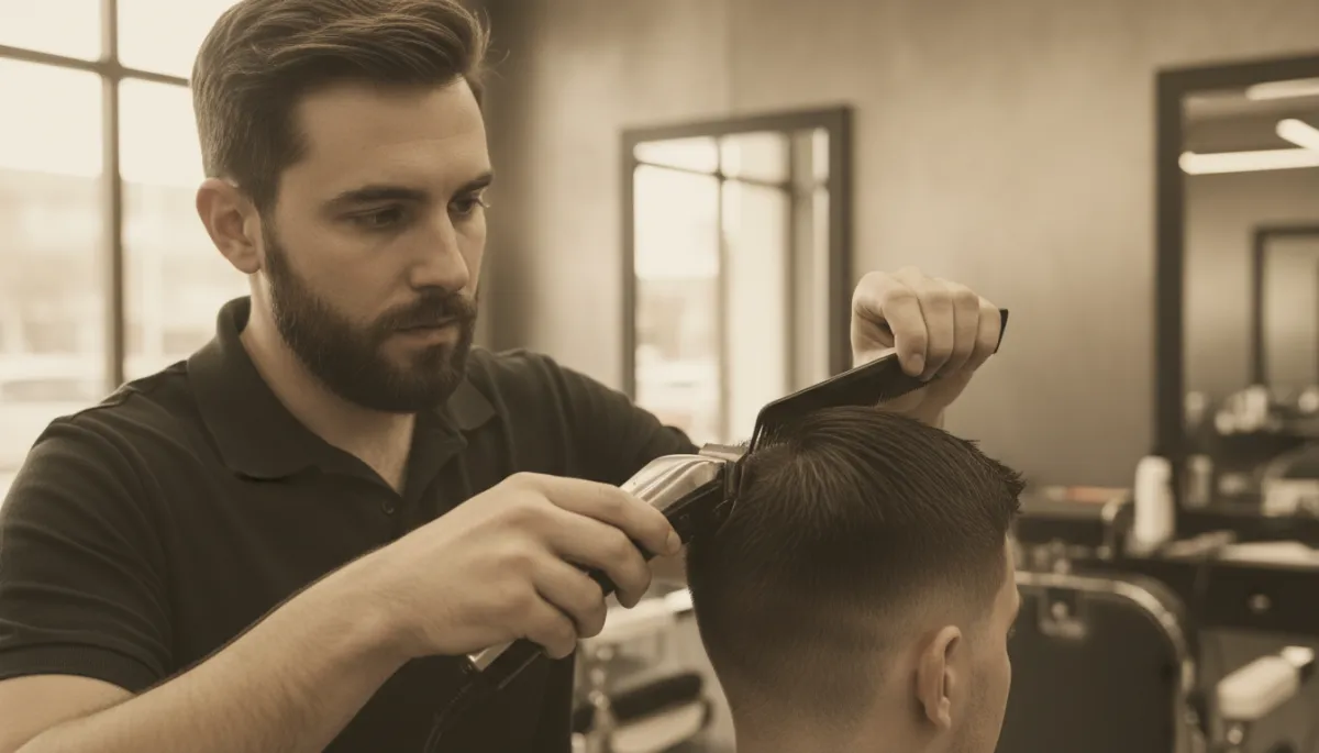 Barber using clippers and comb to perfect a clean fade in a modern barbershop Barber using clippers and comb to perfect a clean fade in a modern barbershop