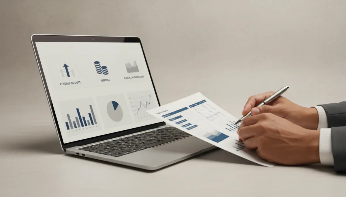 Financial dashboard showing pending payouts, reserves, and cash flow projections on a laptop