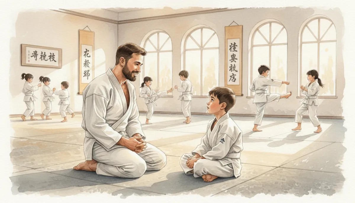 Coach calmly talking with a young martial arts student on the mats