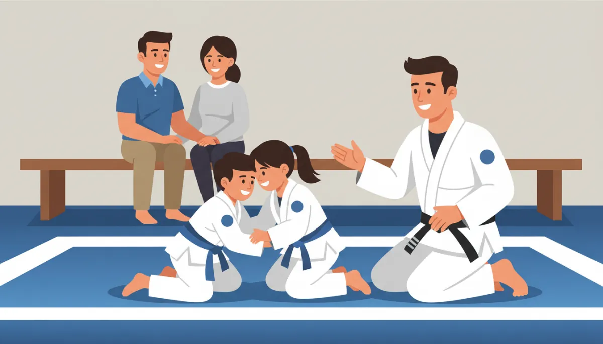 Kids practicing Brazilian Jiu-Jitsu under coach supervision with parents watching