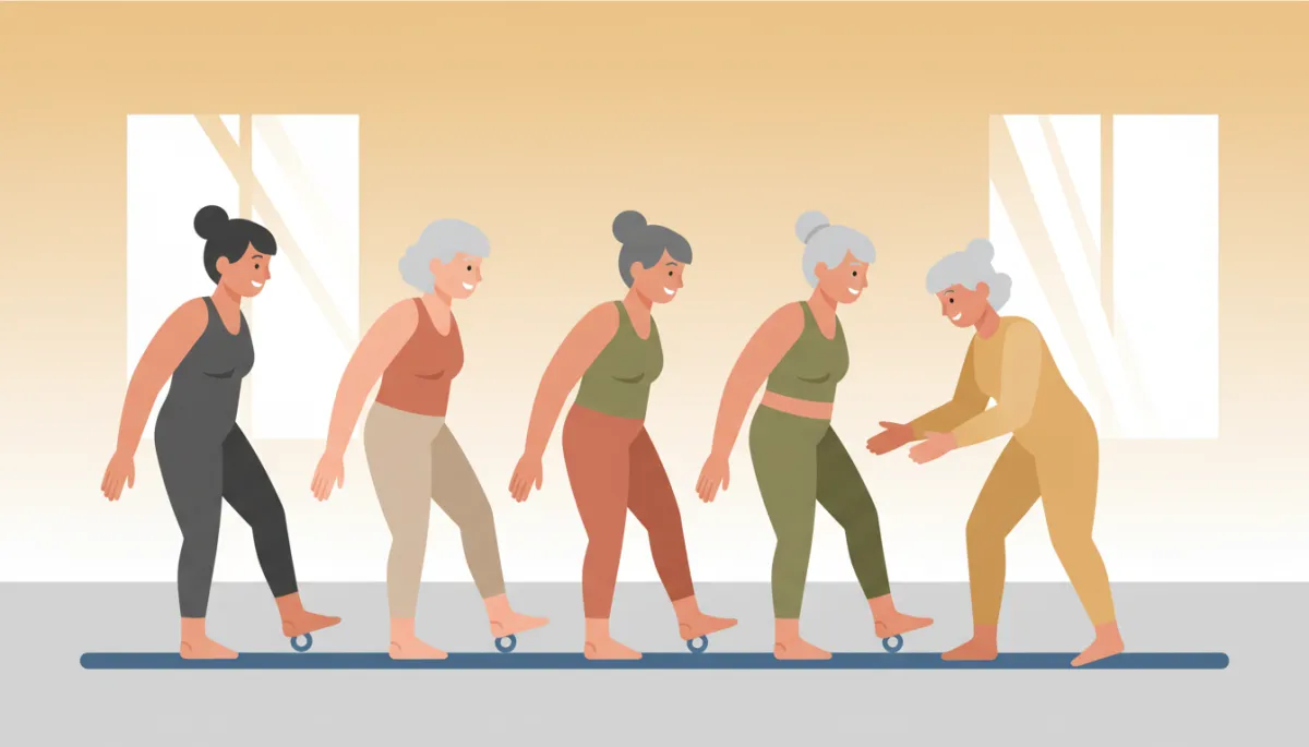 Women over 50 practicing balance exercises together in a fitness studio Women over 50 practicing balance exercises together in a fitness studio