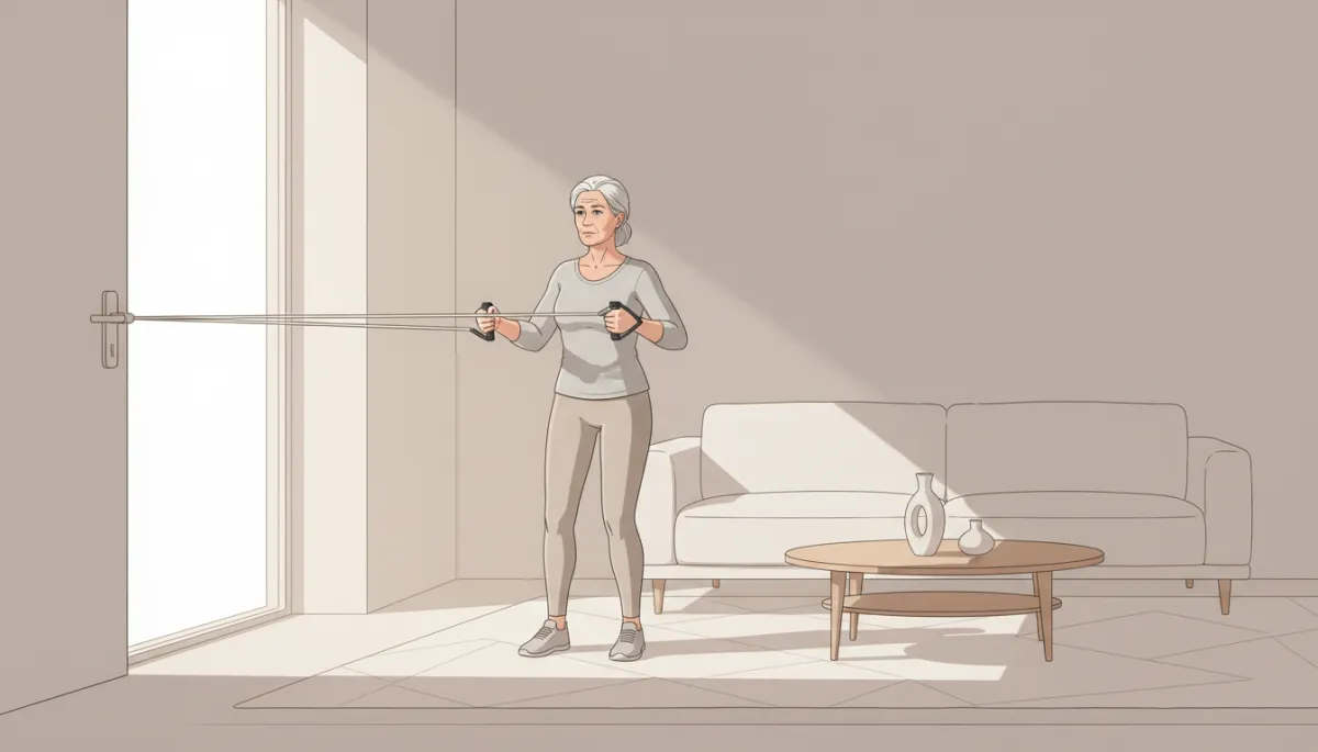 Older woman doing resistance band exercises at home Older woman doing resistance band exercises at home