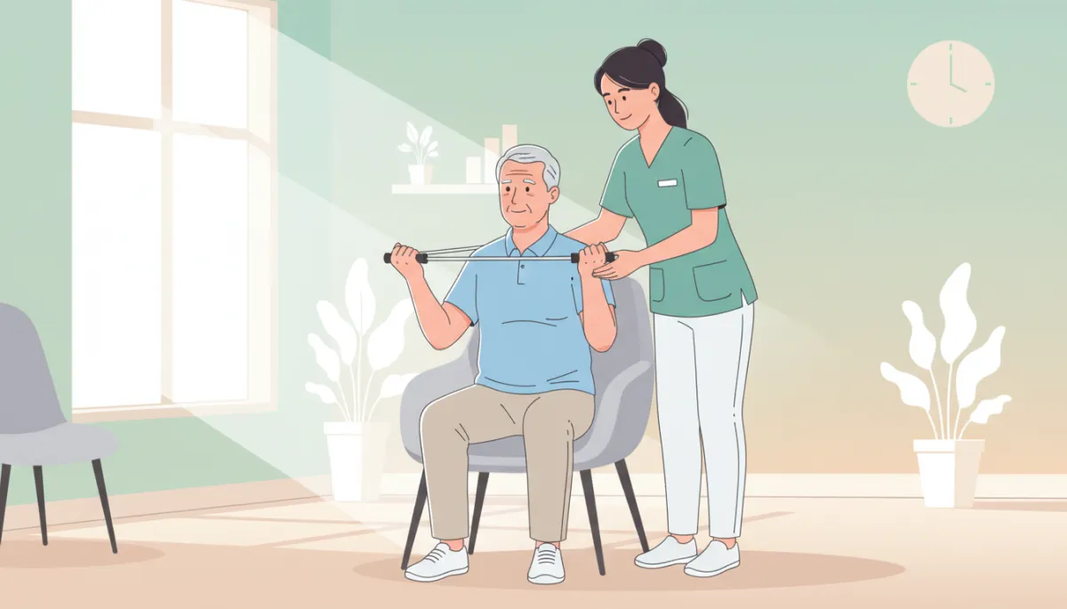 Older man doing gentle chair exercises with guidance from a physiotherapist Older man doing gentle chair exercises with guidance from a physiotherapist