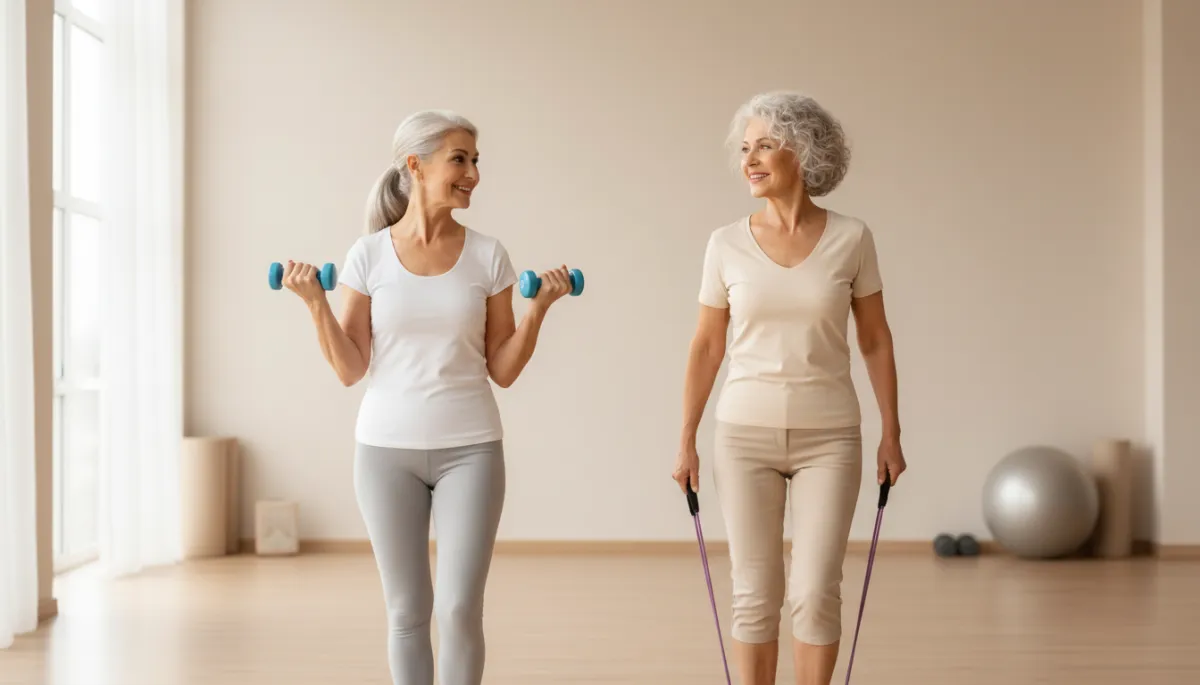 A professional, photorealistic scene showing two women over 60 working together in a bright, neutral-toned fitness studio, using light weights and resistance bands. Both women should appear to be in their sixties or older, smiling, focused, and clearly older women. The atmosphere is calm and empowering. A professional, photorealistic scene showing two women over 60 working together in a bright, neutral-toned fitness studio, using light weights and resistance bands. Both women should appear to be in their sixties or older, smiling, focused, and clearly older women. The atmosphere is calm and empowering.