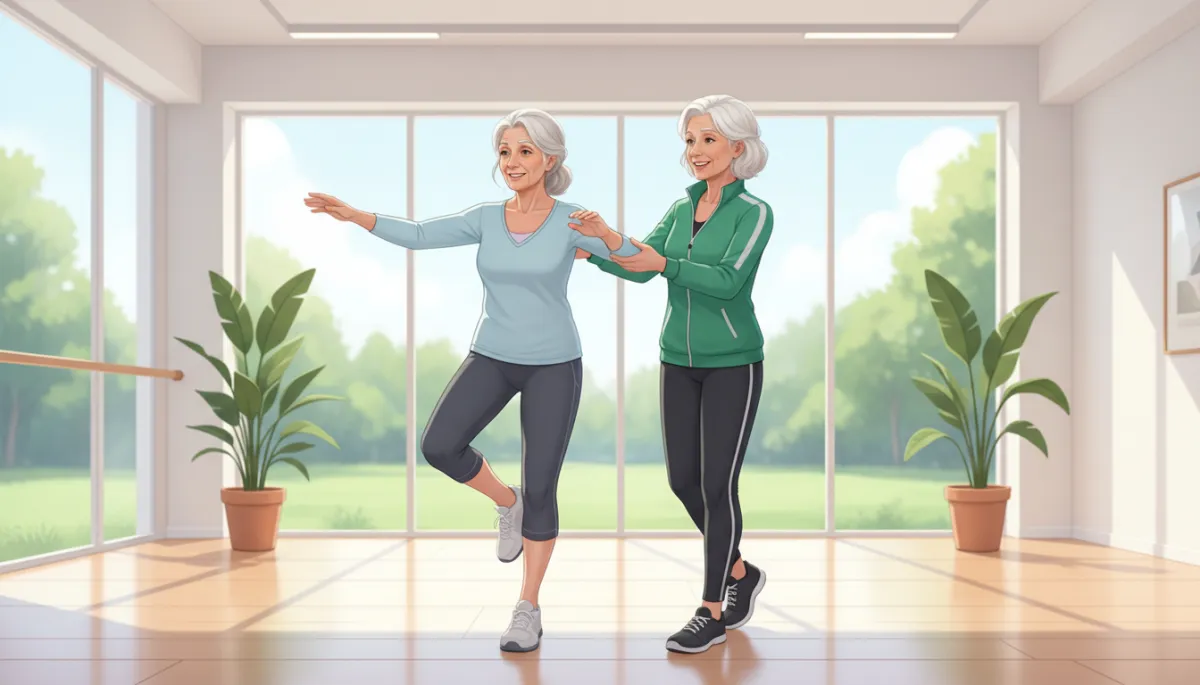 A realistic photo of a woman in her seventies practicing balance exercises with guidance from another older female trainer, both appearing to be older women, in an airy fitness studio. A realistic photo of a woman in her seventies practicing balance exercises with guidance from another older female trainer, both appearing to be older women, in an airy fitness studio.
