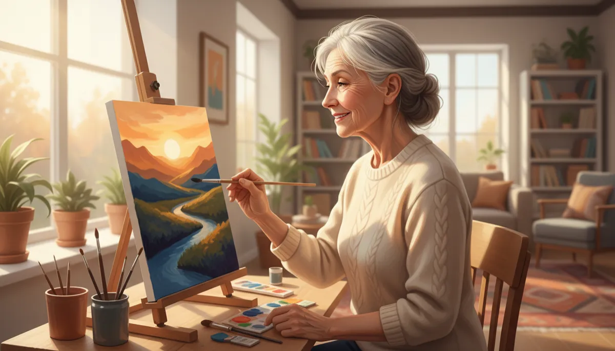 A different photo featuring an older woman, ideally in a warm, uplifting environment, engaging in a mentally stimulating activity such as painting, reading, or playing chess, with clear focus on her face and expression. Natural soft lighting, modern and inviting atmosphere.