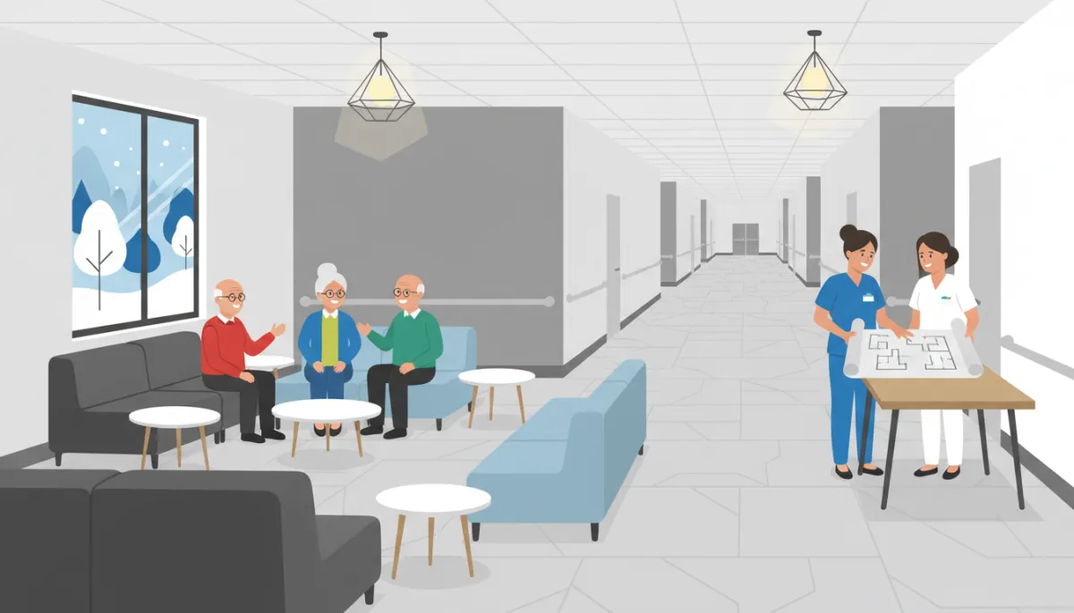 Common area of an assisted living facility designed for safety and comfort