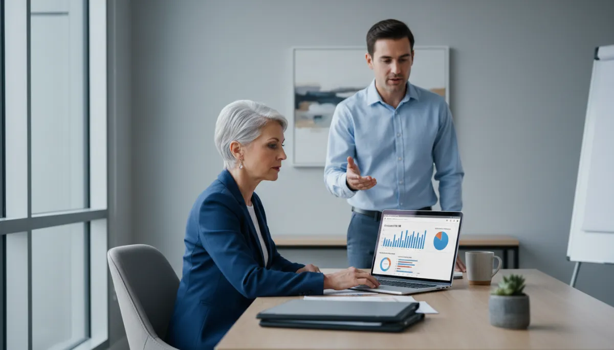 Senior living marketing director reviewing occupancy and referral performance reports
