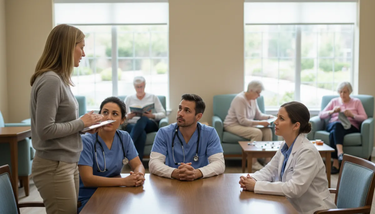Agency representative meeting with healthcare and community partners inside an assisted living facility
