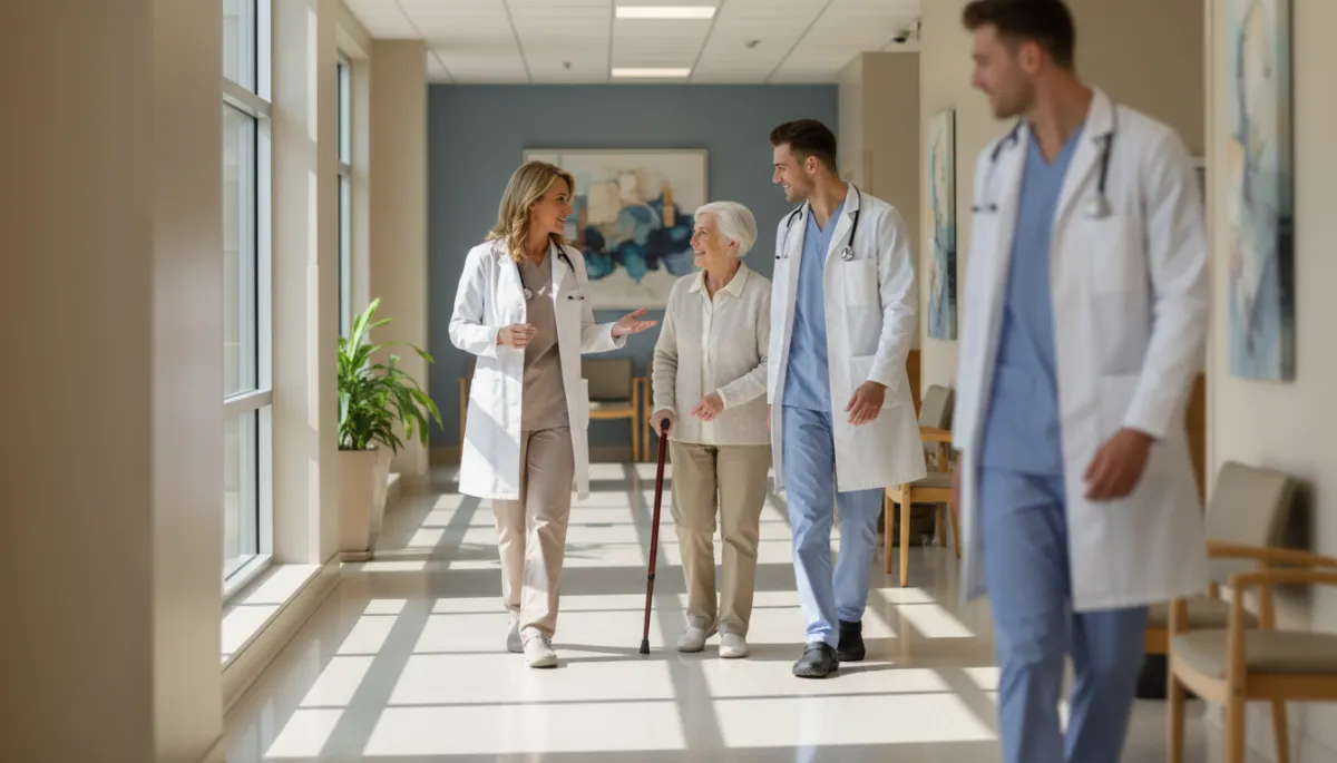 Preceptor and trainee interacting with a resident in an assisted living corridor