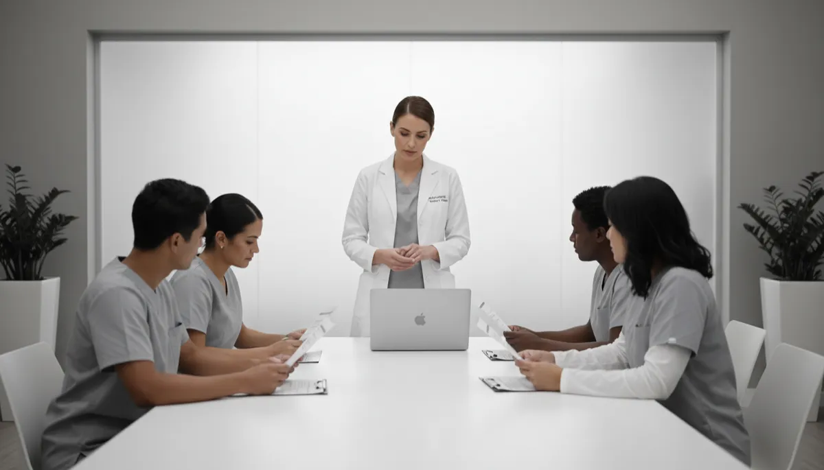 Nurse leader reviewing survey readiness topics with assisted living caregivers