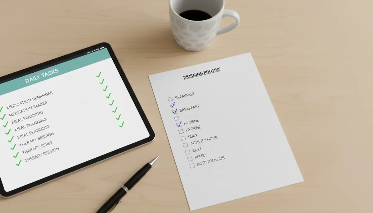 Digital and paper-based assisted living compliance checklists on an office desk
