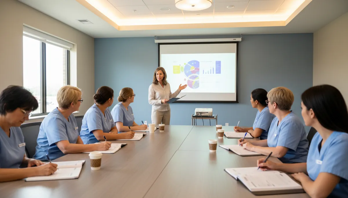 Assisted living administrator leading a compliance training session for caregivers