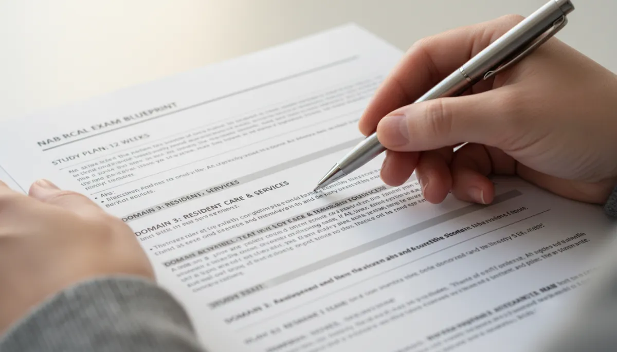 Candidate reviewing a printed NAB RCAL exam blueprint and study plan
