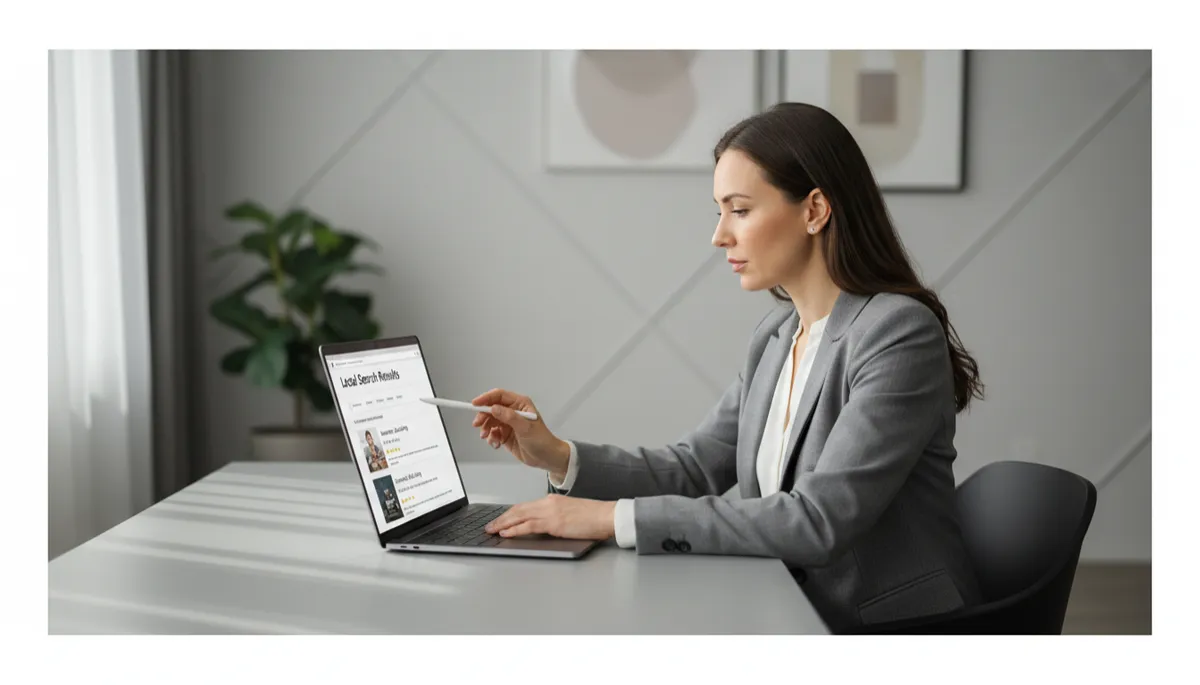 Marketing manager reviewing local search visibility and reviews for an assisted living community