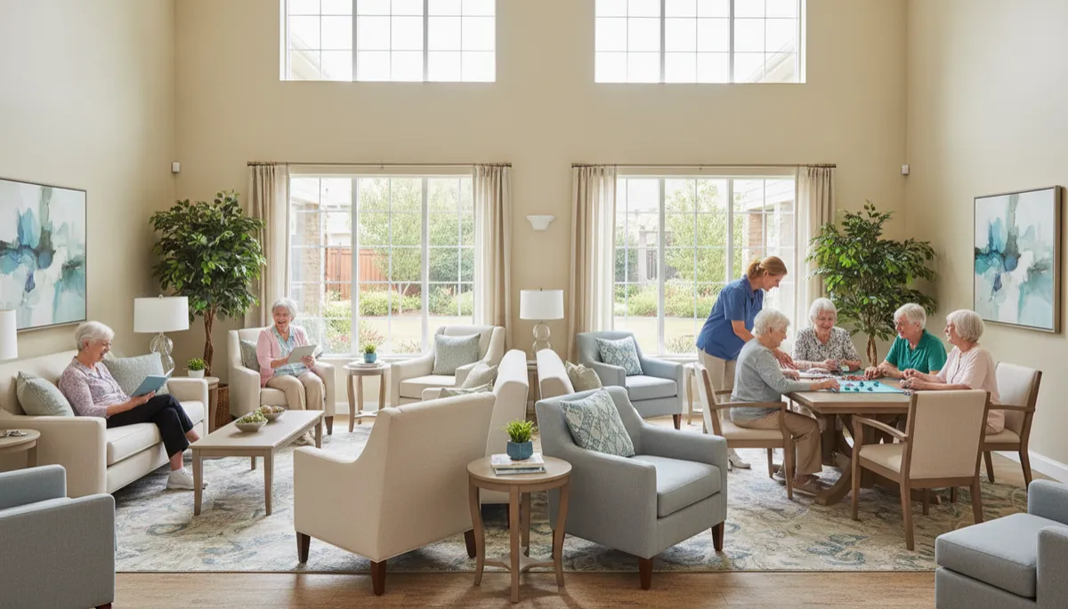 Photorealistic interior of an assisted living common area with residents and staff Photorealistic interior of an assisted living common area with residents and staff