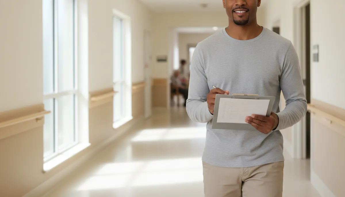 Photorealistic walkthrough of an assisted living corridor with a property checklist Photorealistic walkthrough of an assisted living corridor with a property checklist