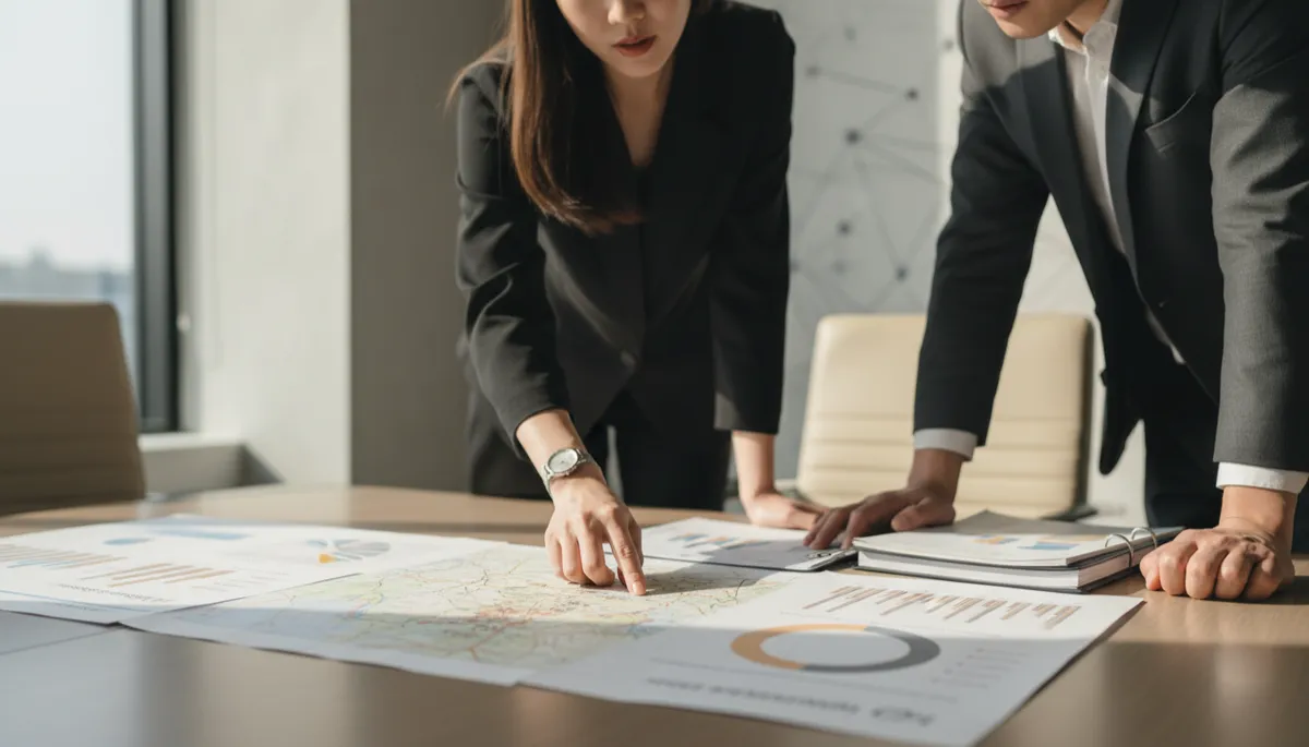 Consultant and investor reviewing assisted living market demographic data Consultant and investor reviewing assisted living market demographic data