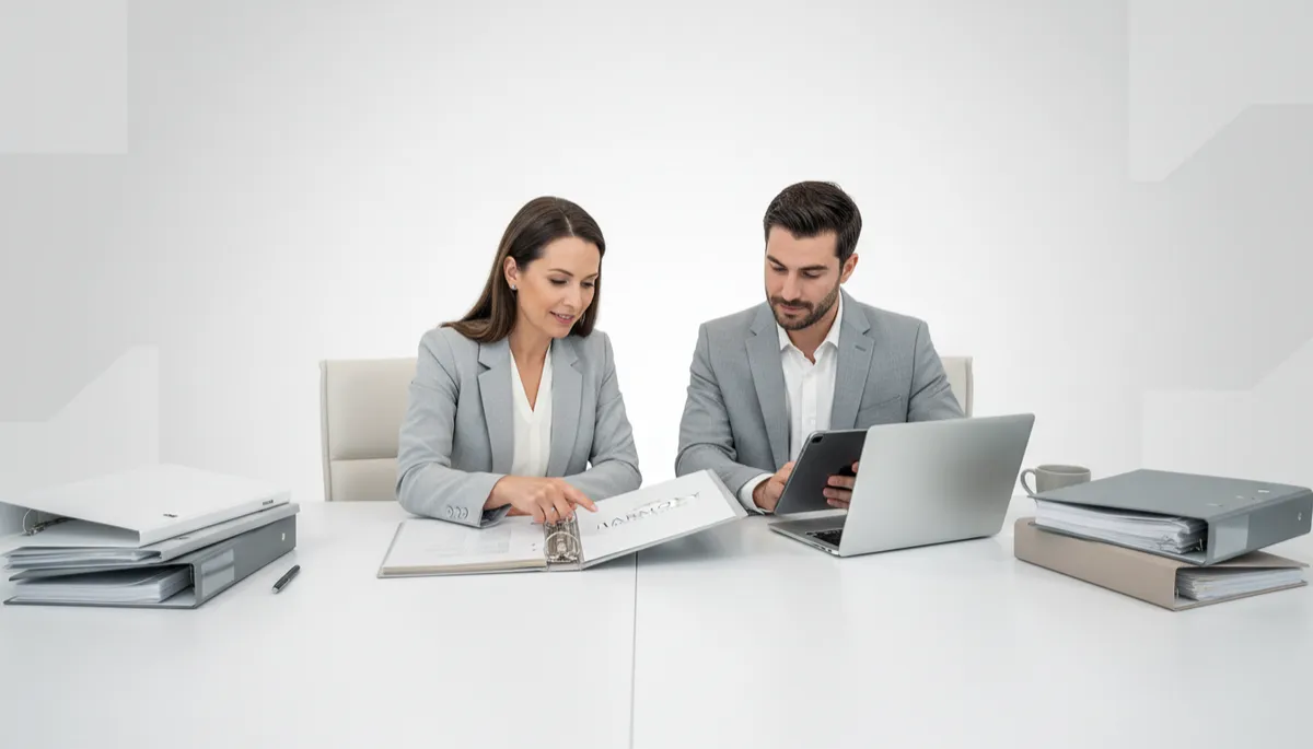 professional neutral-toned photograph of an assisted living administrator and clinical leader reviewing binders and digital checklists at a conference table, soft gray and white color palette, subtle branding elements, calm and organized environment