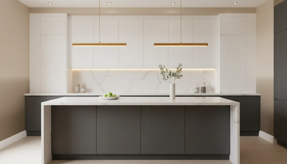 Luxury kitchen island with waterfall quartz countertop and pendant lighting