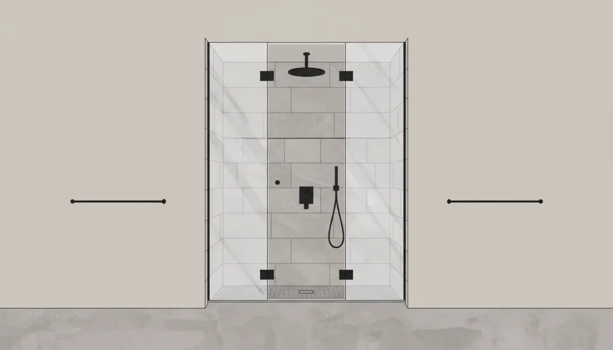 Walk-in tile shower with frameless glass door and rainfall showerhead