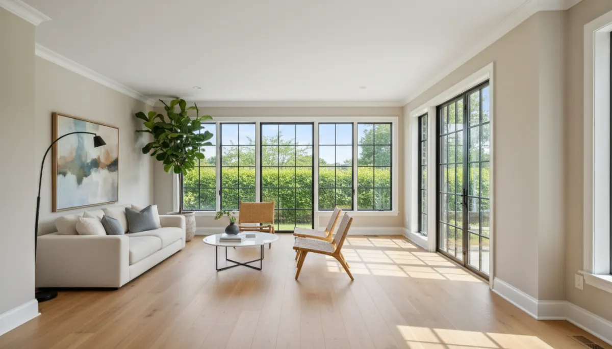 Bright open-plan room addition with large windows and hardwood floors