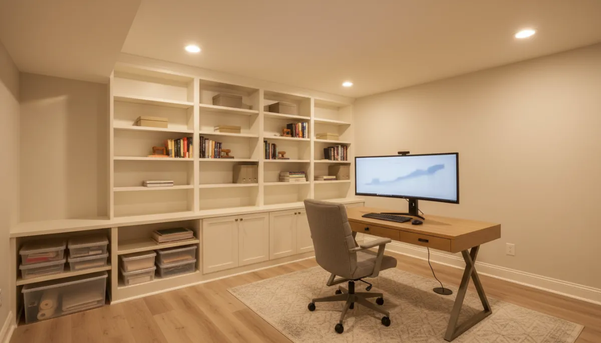 Basement home office with built-in shelving, desk, and large monitor