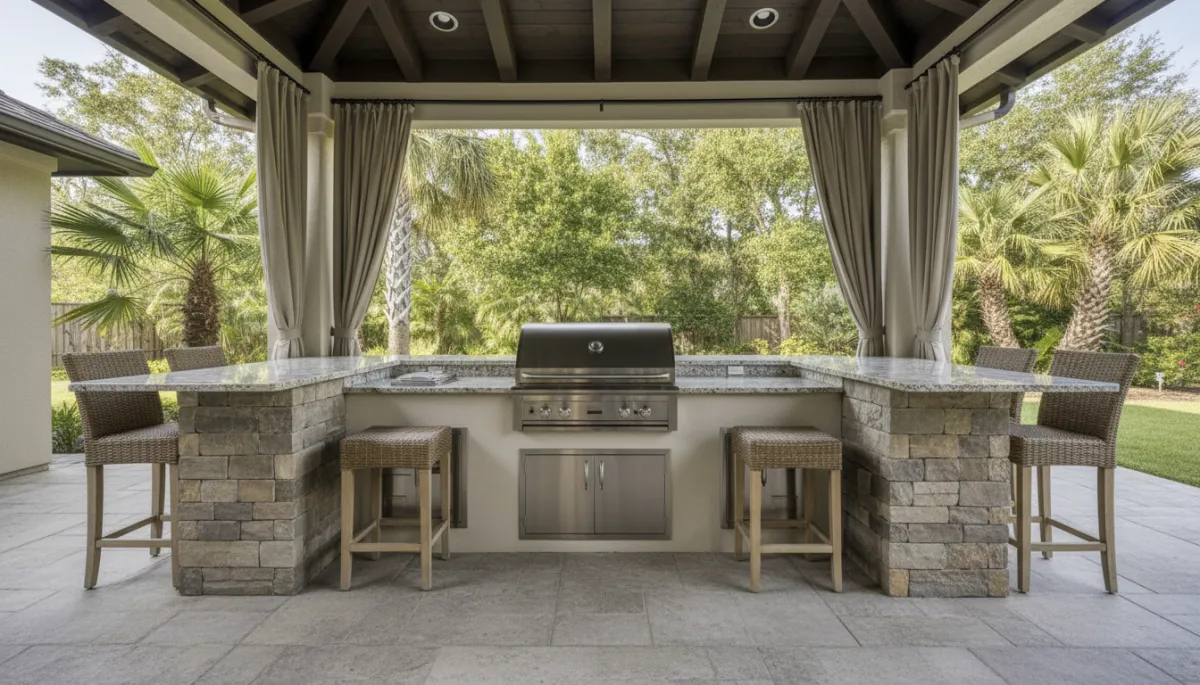 Photo-realistic outdoor kitchen with built-in grill, bar seating, and neutral stone finishes Photo-realistic outdoor kitchen with built-in grill, bar seating, and neutral stone finishes