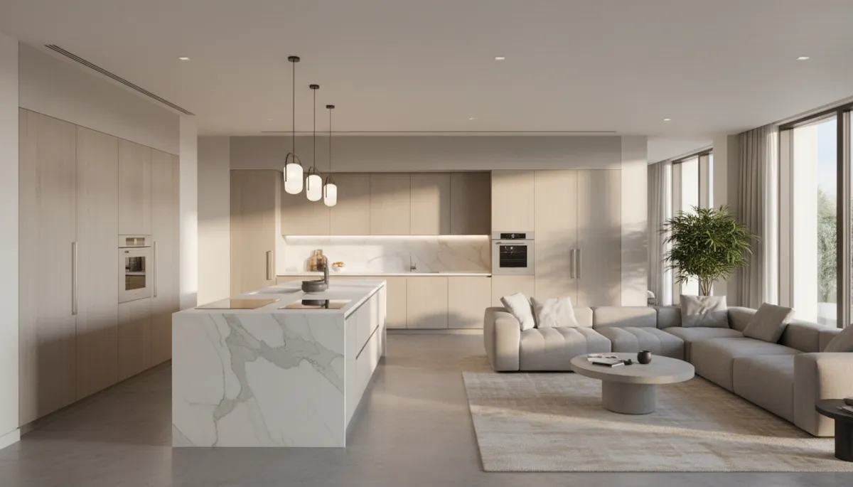 Luxury open-plan kitchen and living room after professional remodeling work