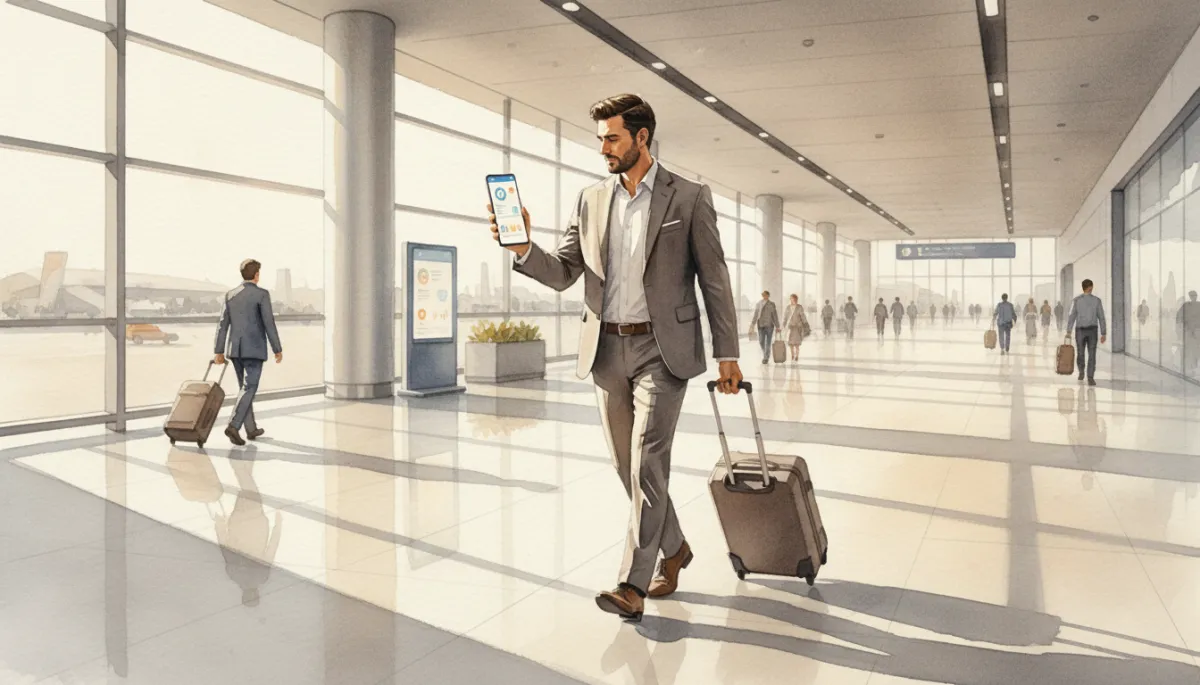 Traveler checking nationwide PPO health coverage on a smartphone in an airport