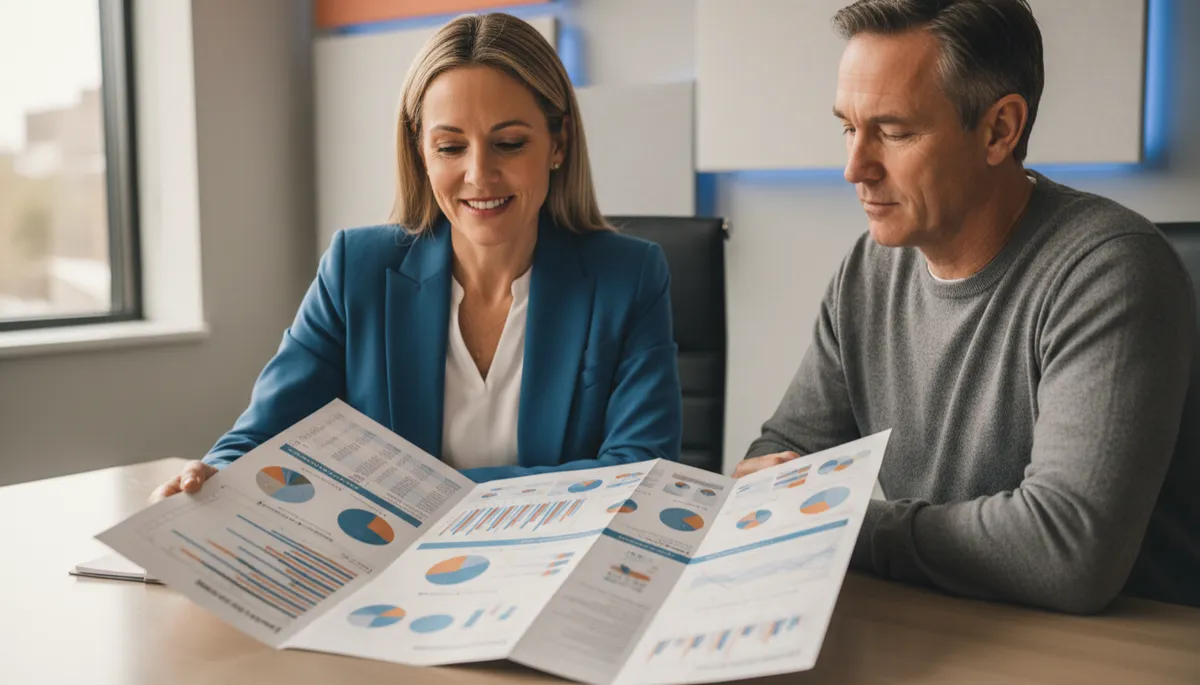 Licensed insurance agent reviewing health insurance plan comparisons with a client Licensed insurance agent reviewing health insurance plan comparisons with a client