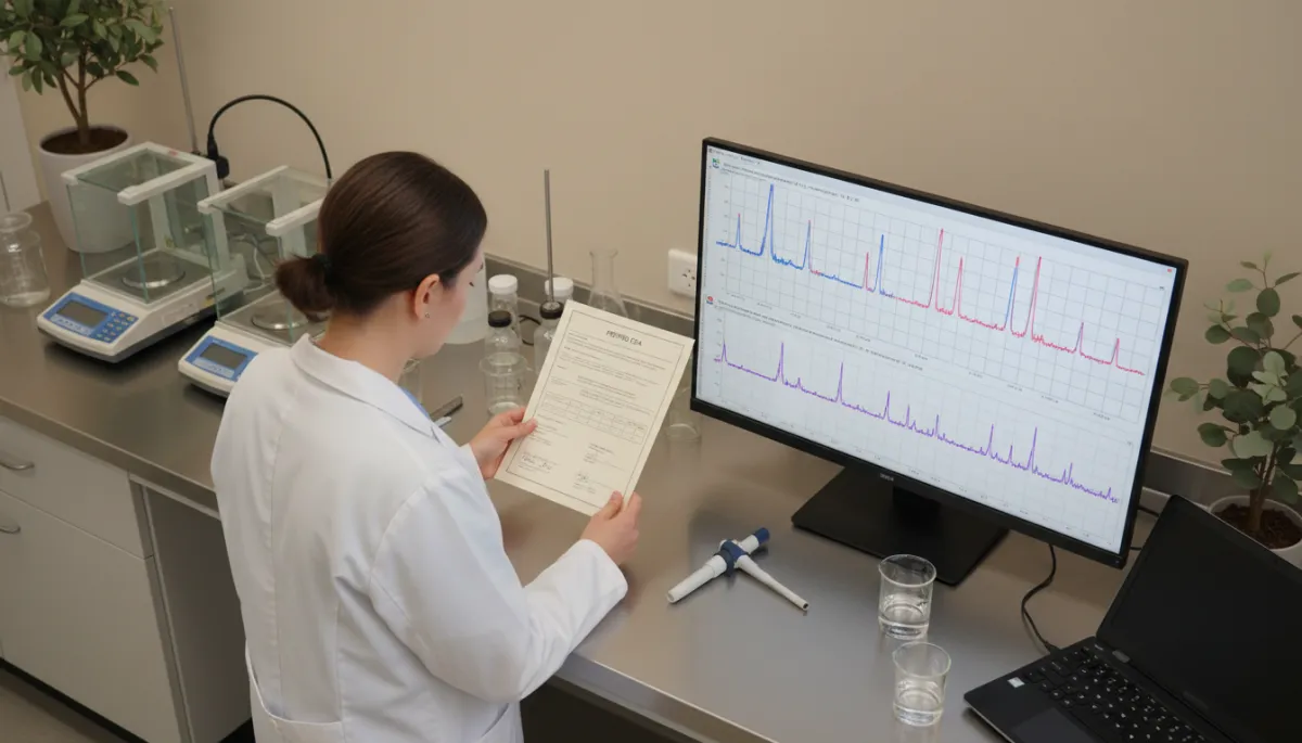 Photorealistic view of a scientist reviewing peptide COA data on a lab bench