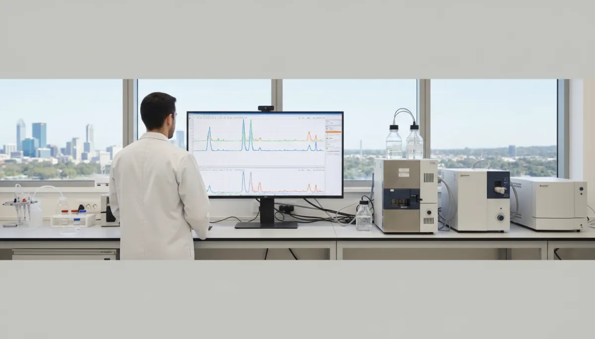 photorealistic neutral-toned laboratory scene in Perth Australia, scientist in lab coat reviewing peptide HPLC chromatogram on a large monitor, benchtop HPLC and mass spectrometer in the background, soft daylight, clean clinical aesthetic
