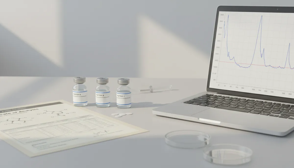 photorealistic close-up of a laboratory bench with a printed peptide certificate of analysis beside labelled peptide vials and a laptop displaying HPLC chromatogram, neutral colour palette, soft daylight