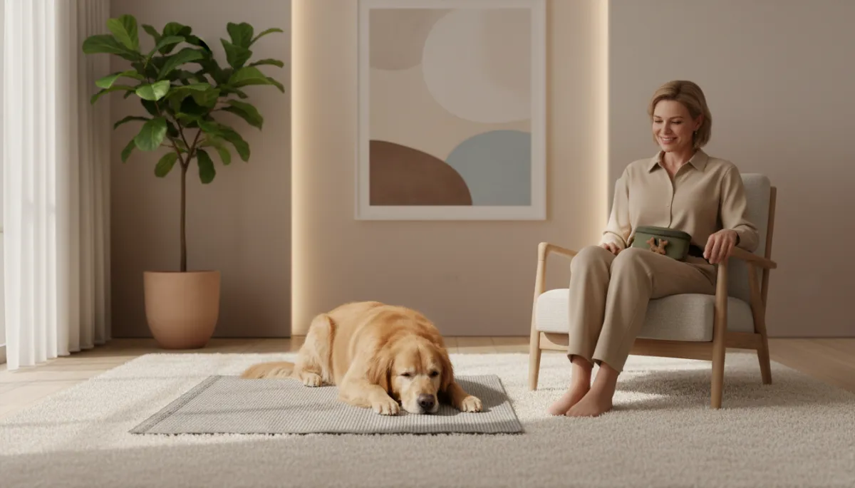 Dog calmly relaxing on a training mat in a warm neutral room