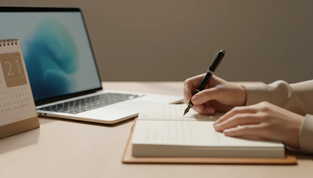 Person journaling reflections about their goals midyear in a calm workspace Person journaling reflections about their goals midyear in a calm workspace