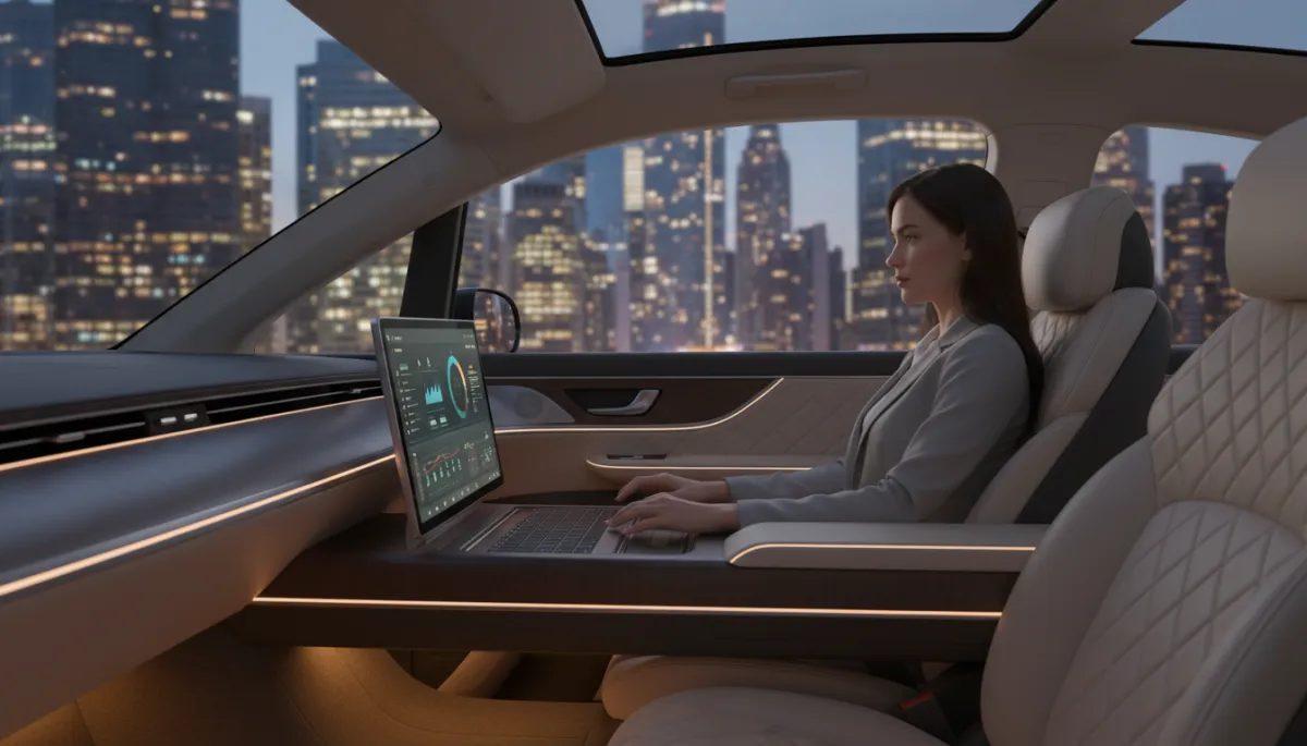 Passenger working comfortably inside a chauffeured car in New York