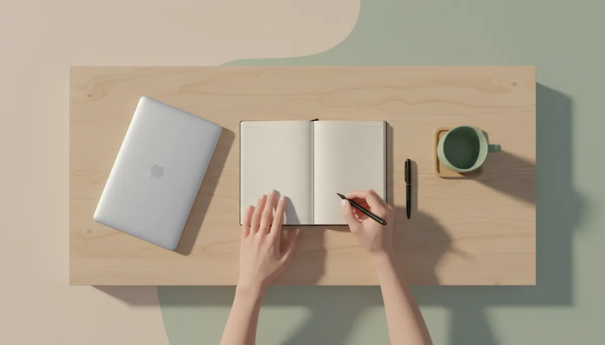 Calm workspace with journal, pen, and tea on a wooden table