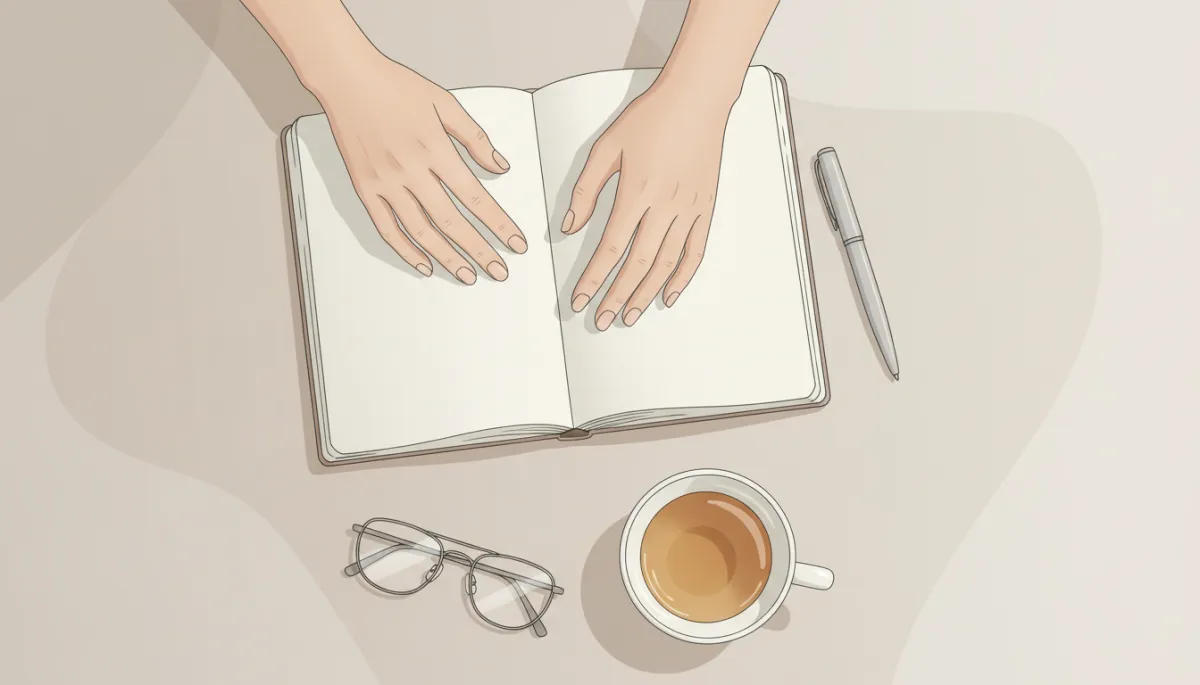 Woman’s hands resting on an open journal beside tea and glasses Woman’s hands resting on an open journal beside tea and glasses