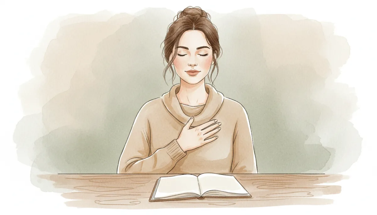 Woman pausing with a hand on her heart, listening inward at a table Woman pausing with a hand on her heart, listening inward at a table