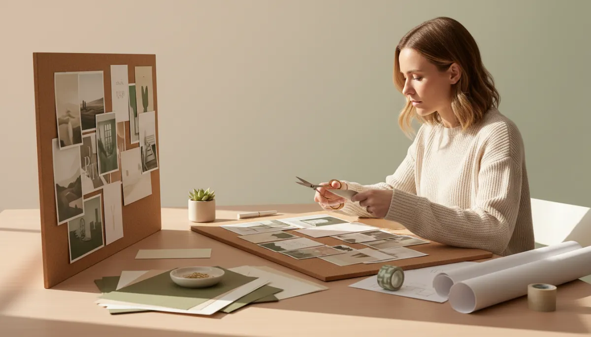 Woman creating a vision board in a calm neutral space