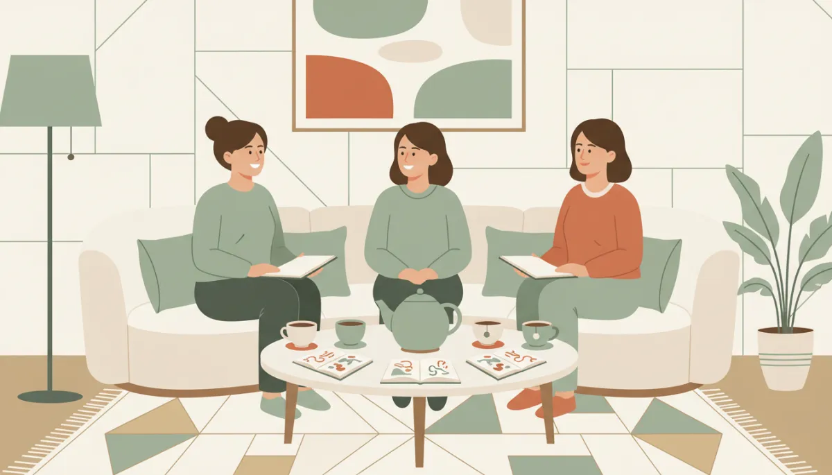 Women in their 40s sharing conversation and reflection in a cozy group setting