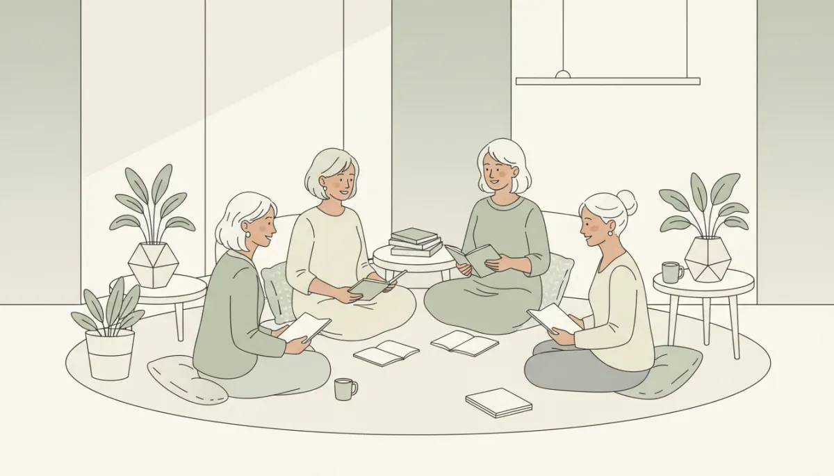 Women over 50 gathered in a cozy circle, reflecting and sharing together