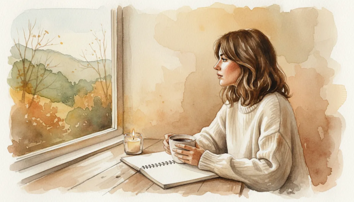 Woman pausing with a notebook and coffee, reflecting on her next chapter