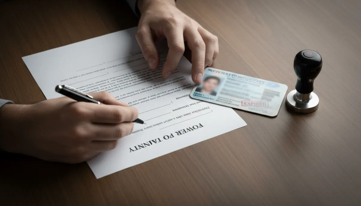 Close-up of a power of attorney signing with an expired ID and notary stamp on the table