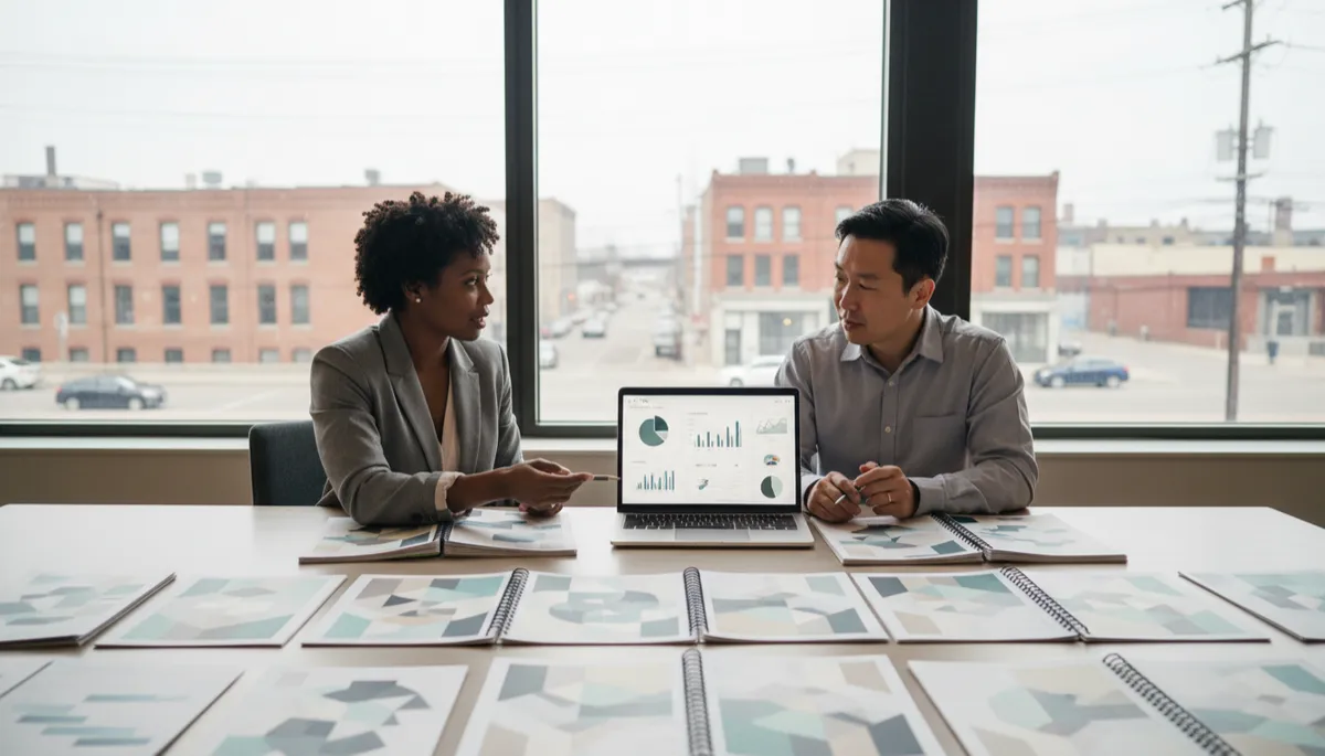 Detroit small business owner reviewing brand guidelines and analytics with a strategist