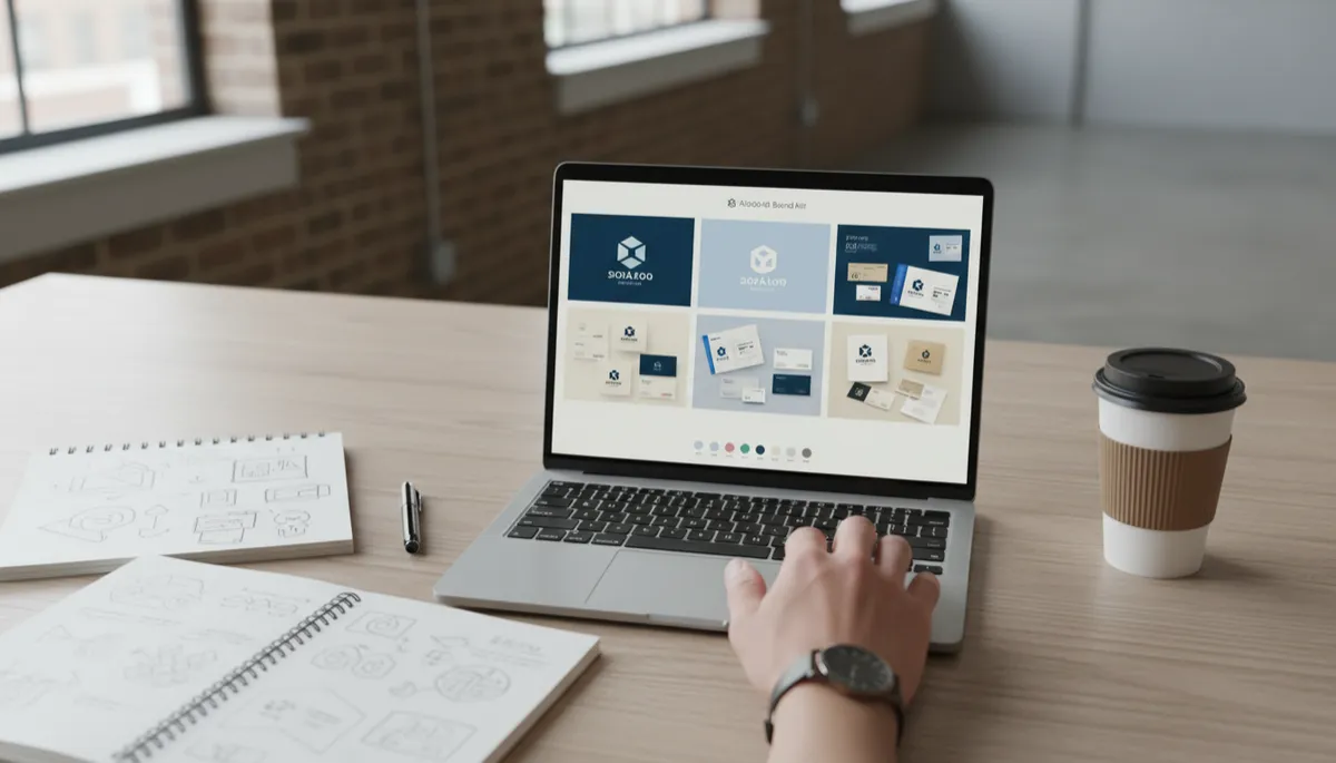 Designer reviewing AI-generated logo and brand kit options on a laptop