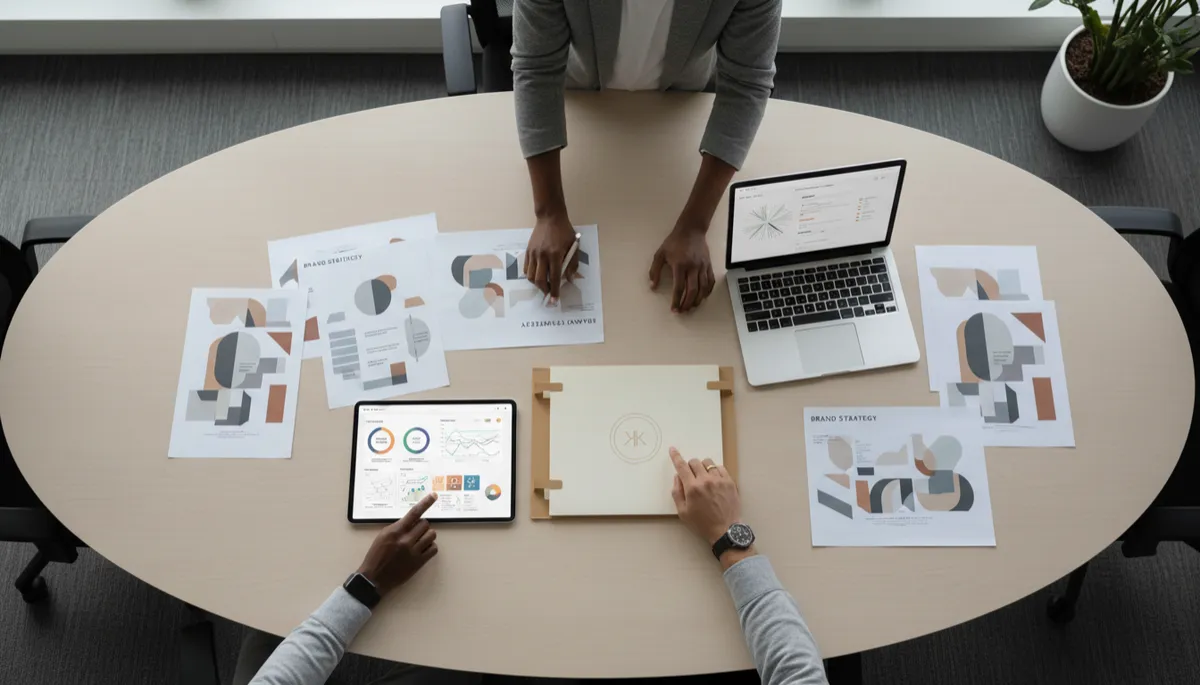 Team collaborating over brand strategy documents and AI-powered marketing dashboards